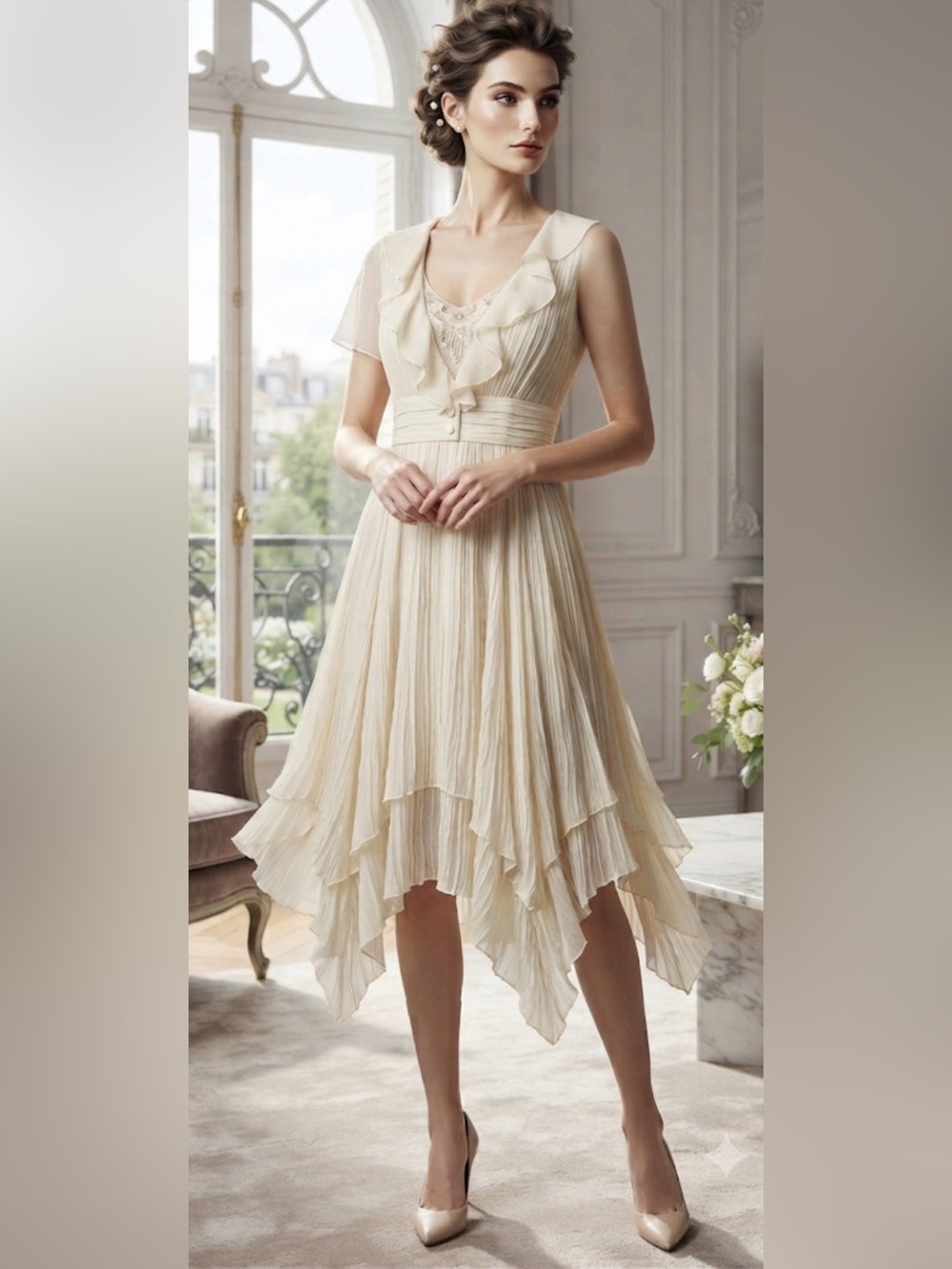 Signature By Robbie Bee Cream High-Low Ruffle V-Neck Dress